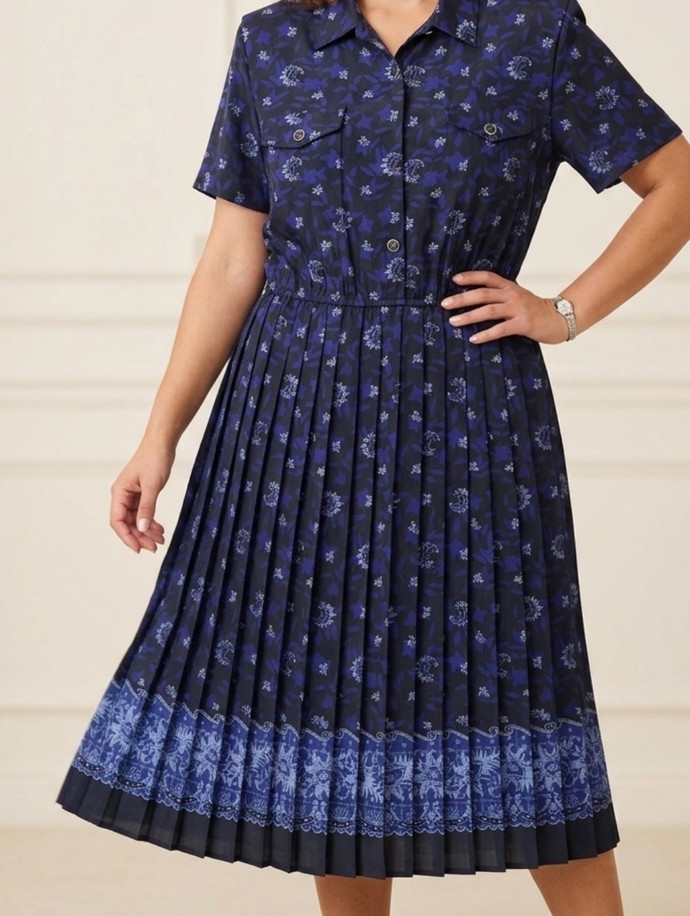 Vintage Leslie Fay - Midi dress with Blue Floral Plate and Print - Size 18